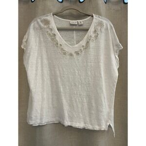 Rachel Zoe Top White 100% Linen Floral Embroidered V-Neck Boho Lagenlook Resort